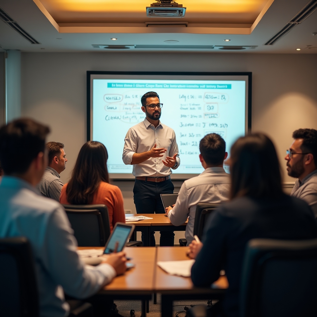 Instructor explaining debt management concepts to a group in a training room